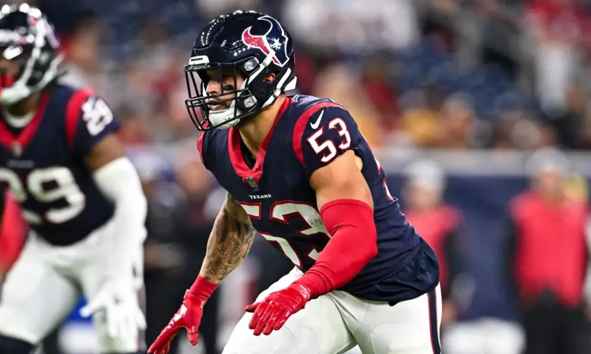 Houston Texans linebacker Blake Cashman readies himself for as the play begins.